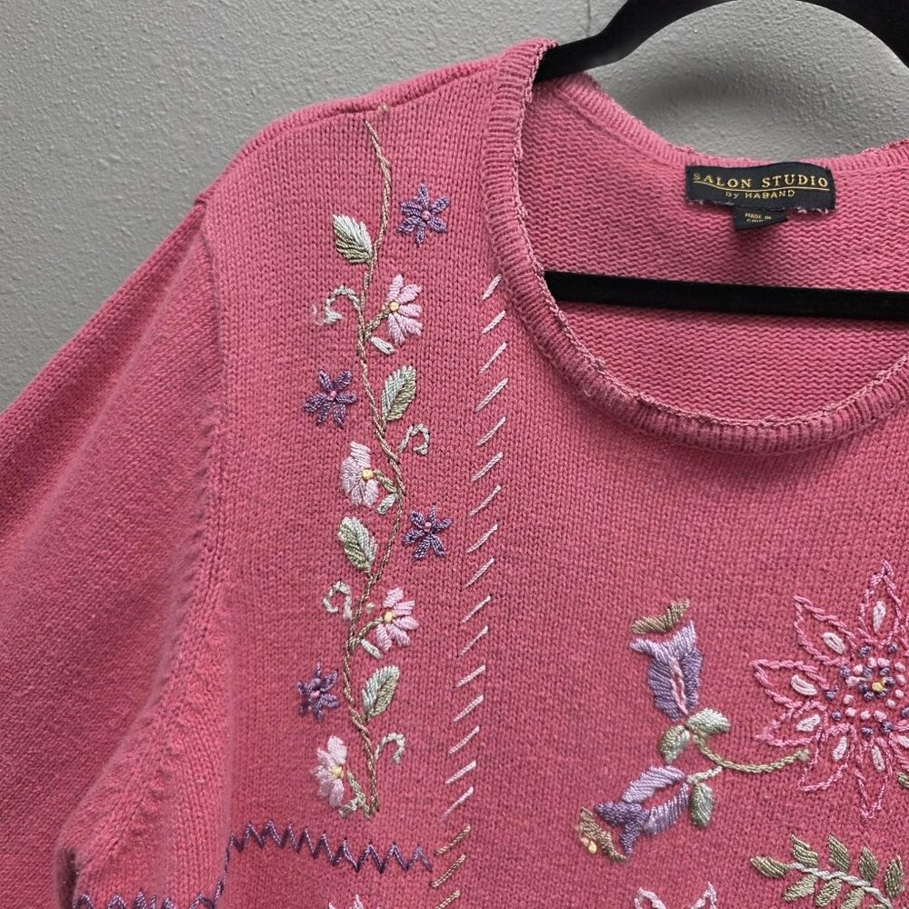 Salon Studio by Haband Sweater Womens 2XL Pink Floral Embroidered Ramie Cotton - Picture 2 of 9